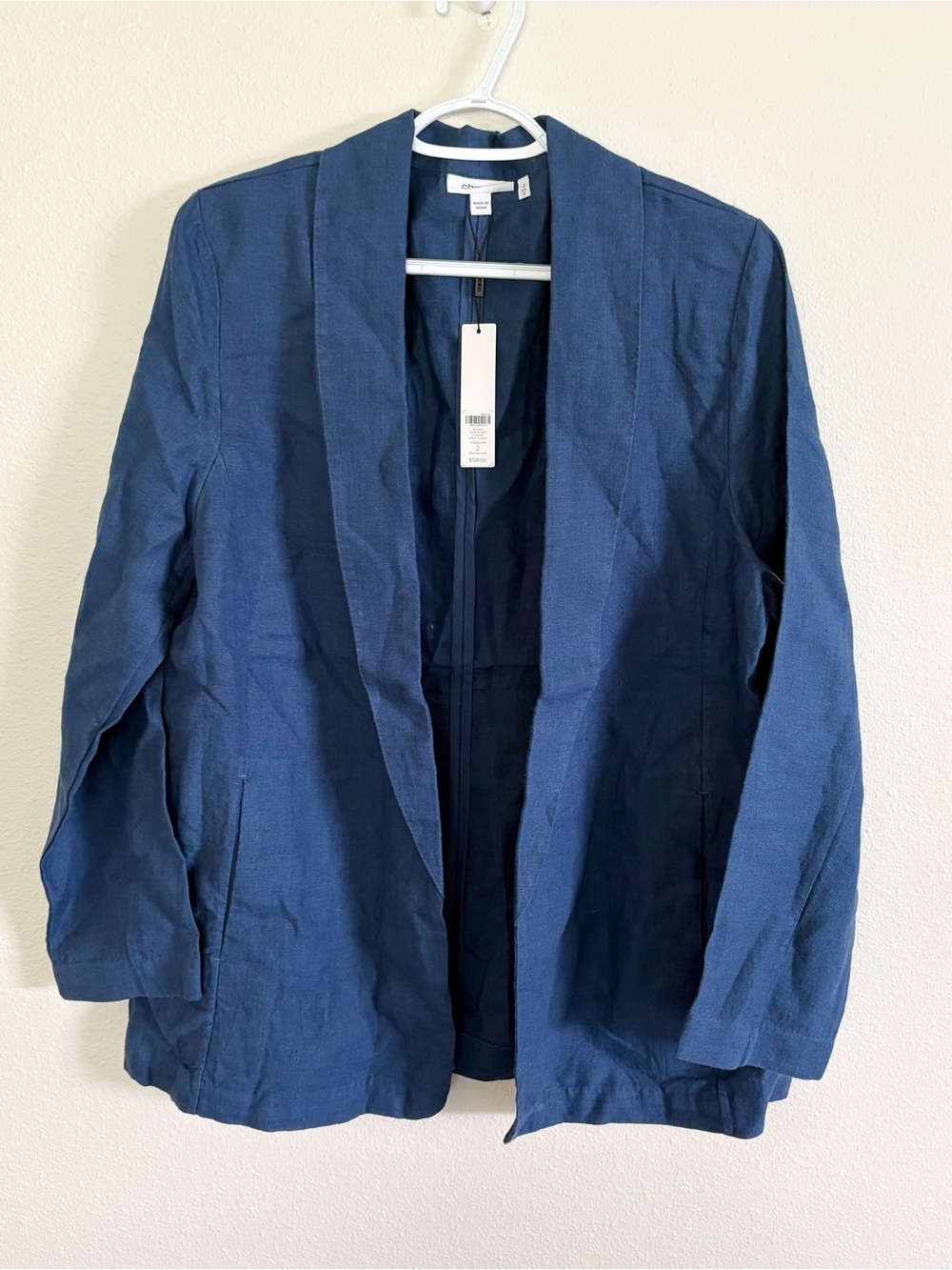 NWT Chico's Linen Jacket Blazer Open Front Summer Layer Blue Career Size 2